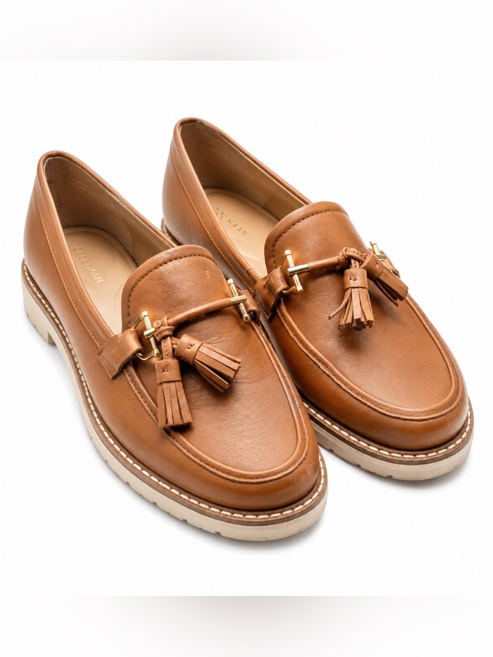 Talbots Leather Tassel Loafers Cognac Brown Lug Sole Flats Women's Size 7